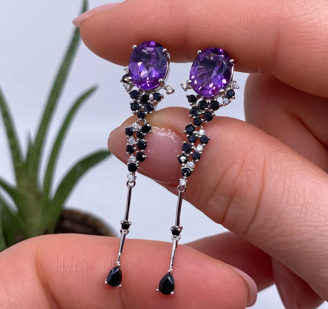 Earrings with Amethyst and Spinel natural gemstones, Silver 925, Gold plated